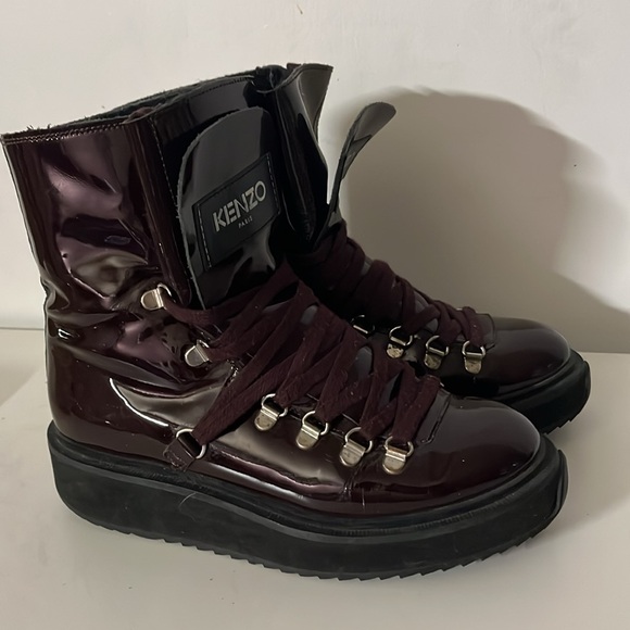 Kenzo Burgundy Alaska Patent Leather & Shearling Platform Booties Size 6 - Picture 3 of 11